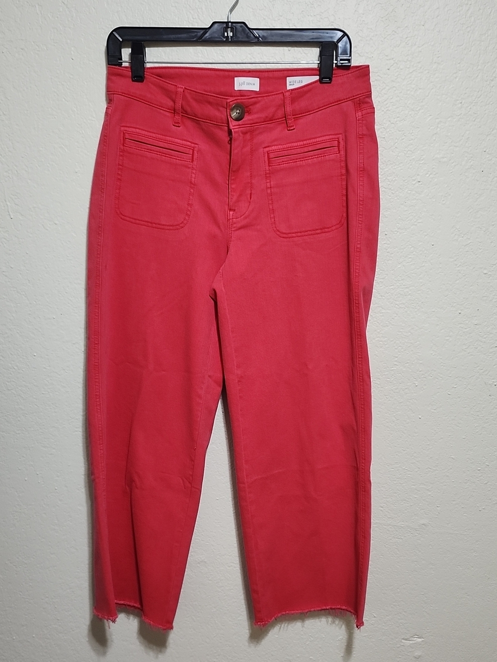 J. Jill Wide-Leg Cropped Denim Pants Red Coral Patch Pocket Sz 6R Fringe Hem